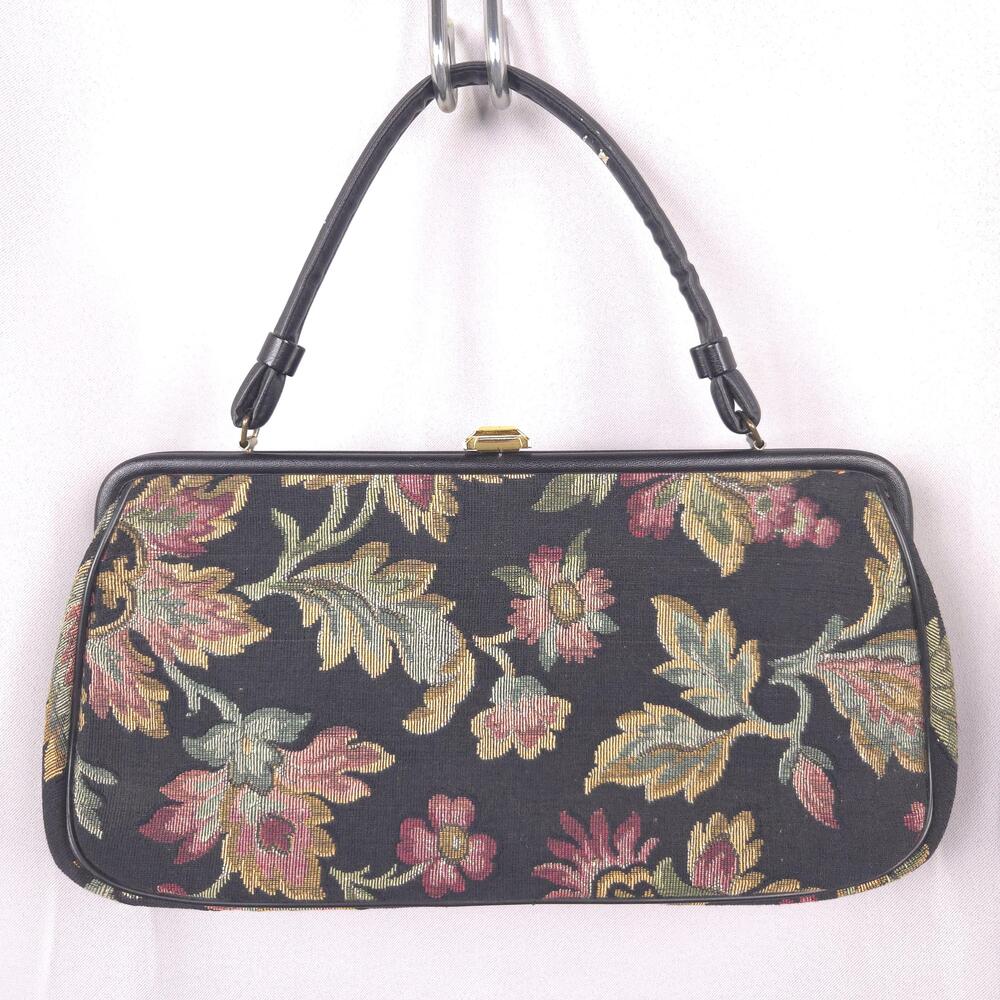 Julius Resnick JR Bag Women Small Top Handle Black Floral Tapestry Red Lined Vtg
